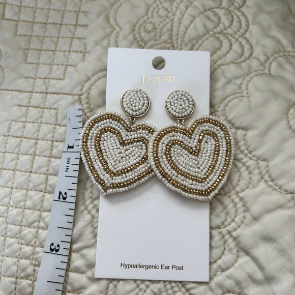 Cream Beaded Heart Statement Earrings Resort Cruise Vacation Jewelry - Picture 2 of 5